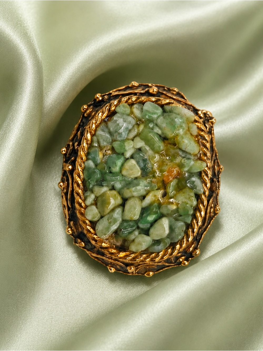 Vintage Aventurine Gemstone Brooch — Artist Reworked One-of-a-Kind Piece